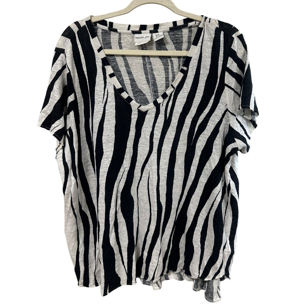 Rachel Zoe Plus Size 2X 100% Linen Zebra Striped Top Black White Crew Neck